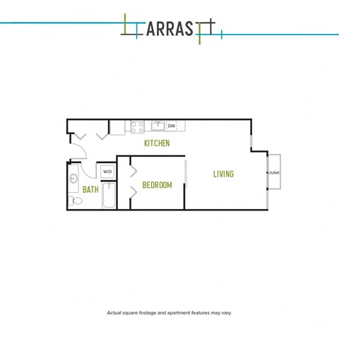 Floor plan for studio, 1 bath, 613 sqft